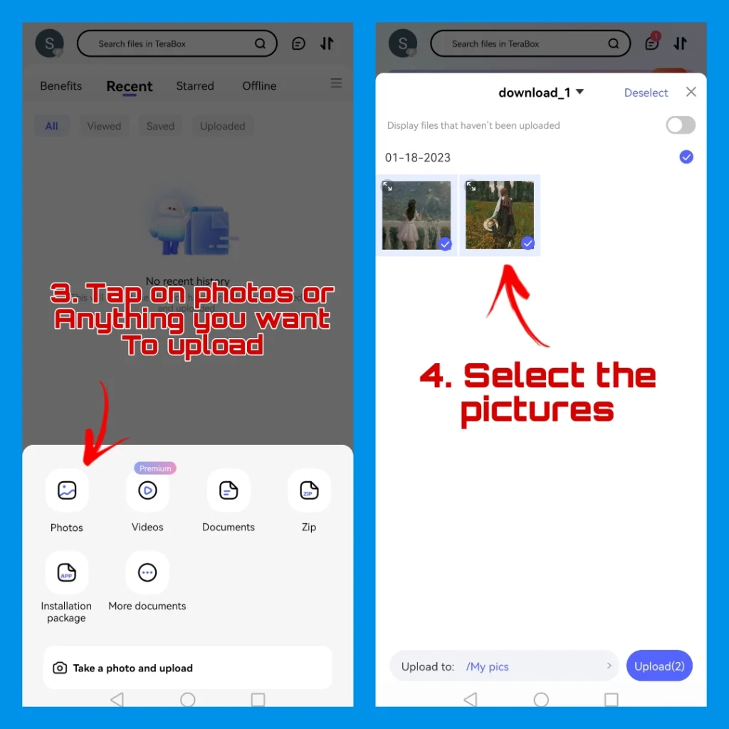 How to upload documents on Terabox using phone.
